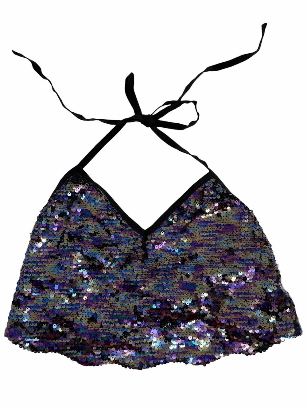 iHeartRaves Small Sequin Halter Crop Top Open Back Scalloped Rave EDM Concert